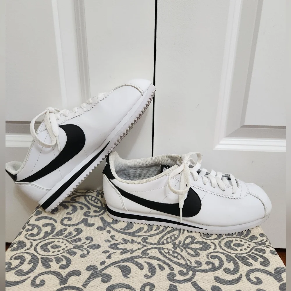 Nike White Leather Cortez Sneakers with Black Swoosh 2018